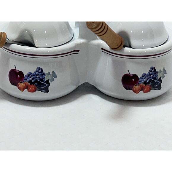 VTG Houston Harvest Ceramic Double Condiment/Jelly Bowls, White W/ Fruit Design - Picture 5 of 10
